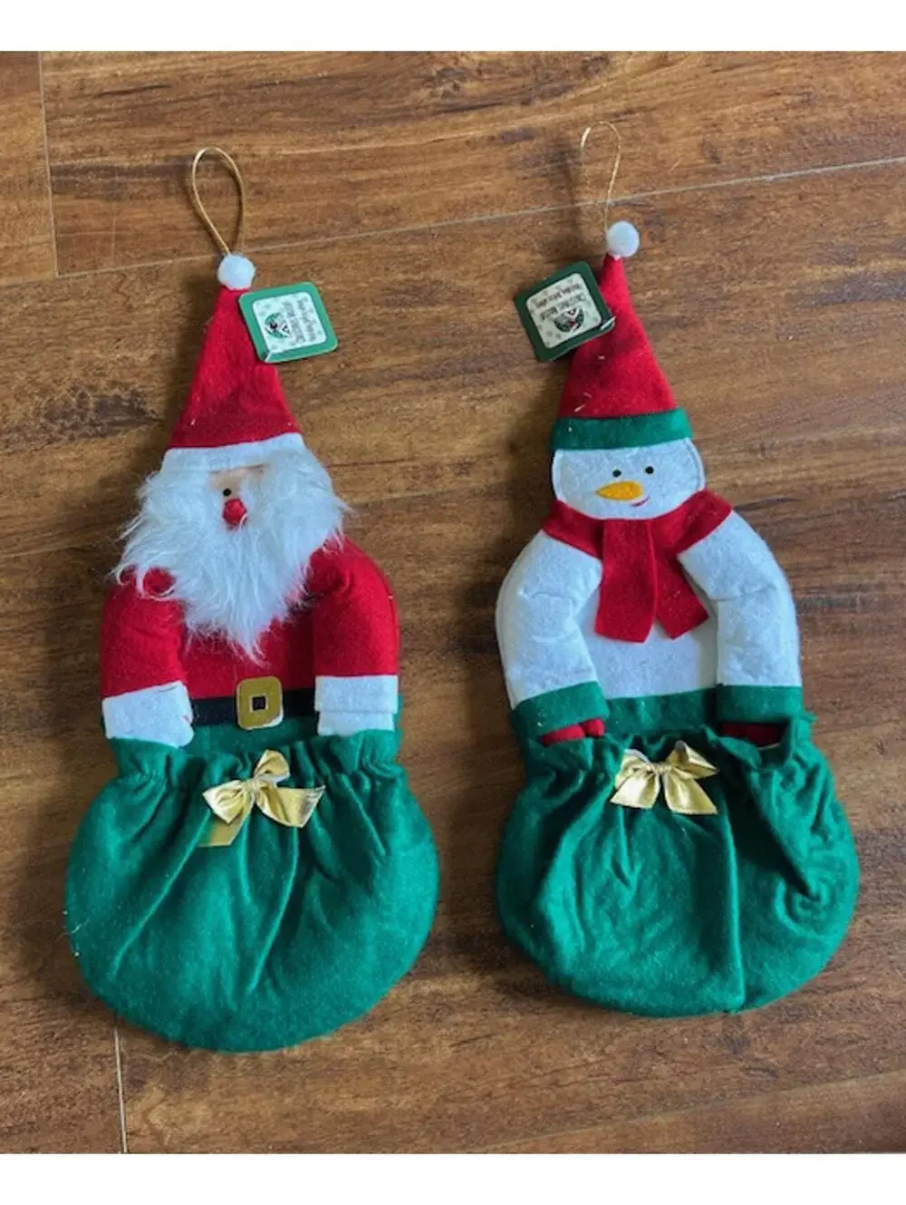 Set of 2 Christmas Santa and Snowman Hanging Decorations with Pockets